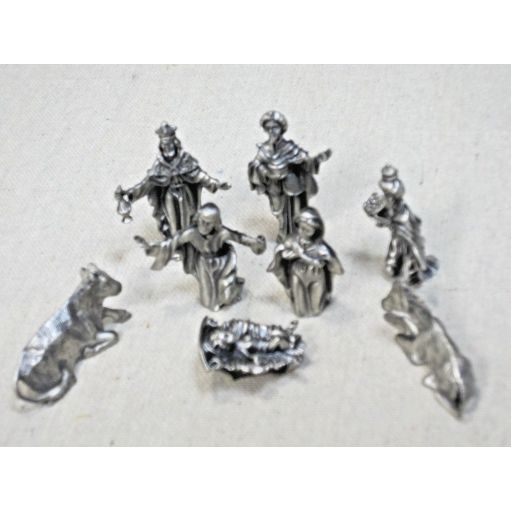 JCC Fine Pewter Miniature Christmas Nativity Set 7 Pieces Vintage Stamped 2"